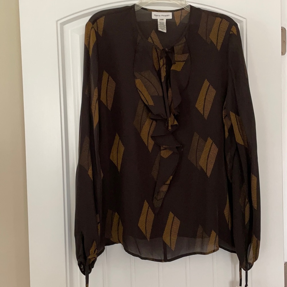 NWT Rena Rowan 14W Silk Brown & Gold Front Ruffle Neck Tie Blouse